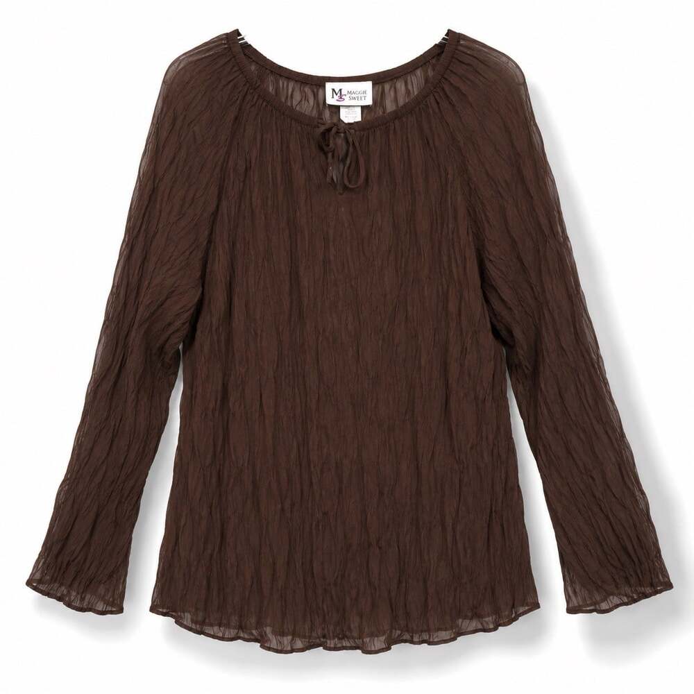 Vintage Y2K Brown Sheer Crinkle Blouse M Fairycore Grunge Boho Made USA